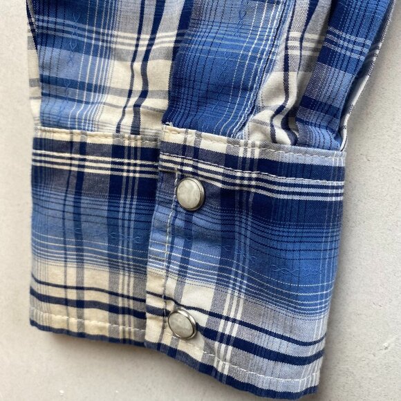 Wrangler Mens Western Shirt Large Blue Plaid With Pearl Snaps - Picture 7 of 9